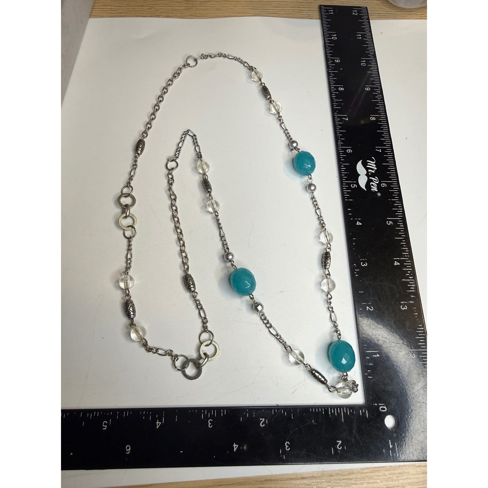Silver Tone Station Necklace Teal Blue Faceted Beads Clear Accents 36 Inch